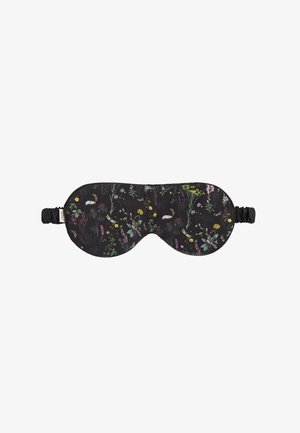 Sleep mask with a floral pattern in vibrant colors on a black background. Soft fabric, contoured shape, and adjustable elastic band.