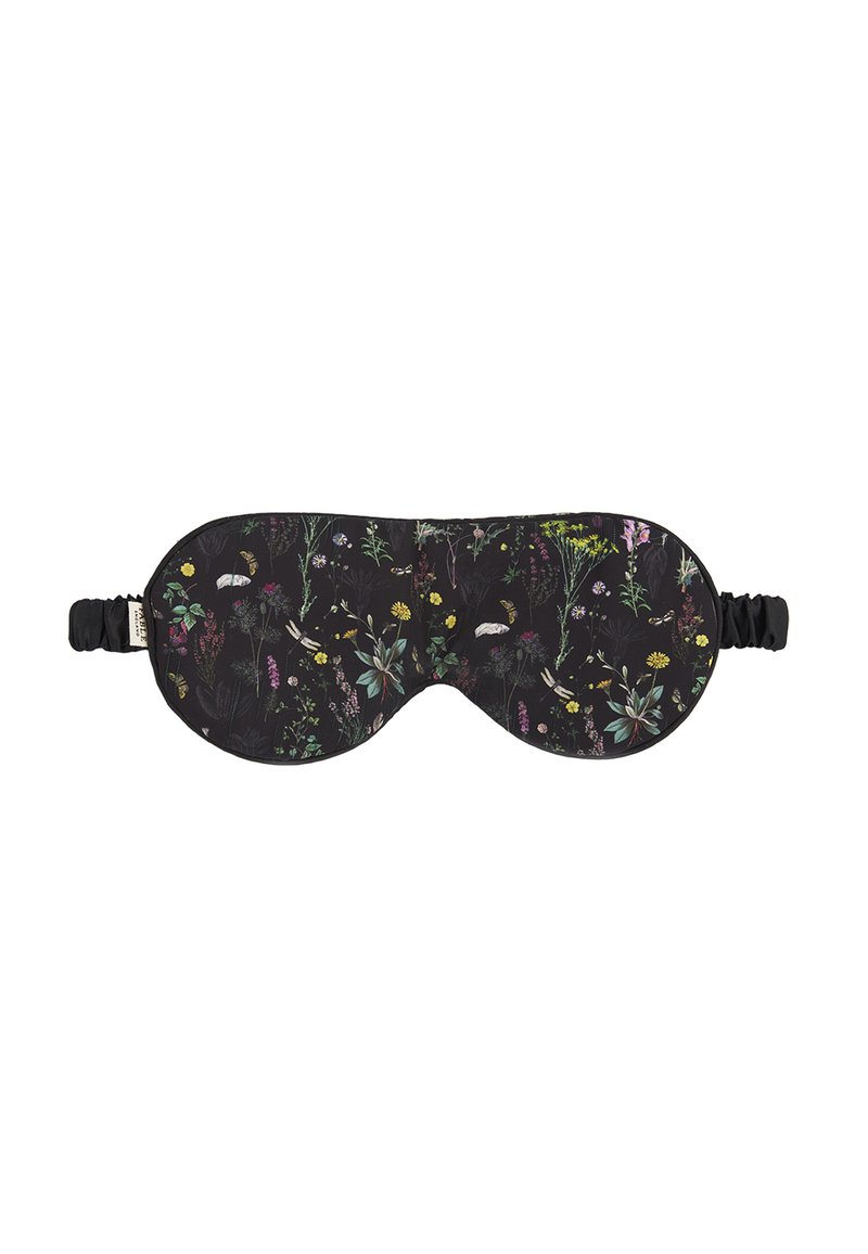Sleep mask with a floral pattern in vibrant colors on a black background. Soft fabric, contoured shape, and adjustable elastic band.
