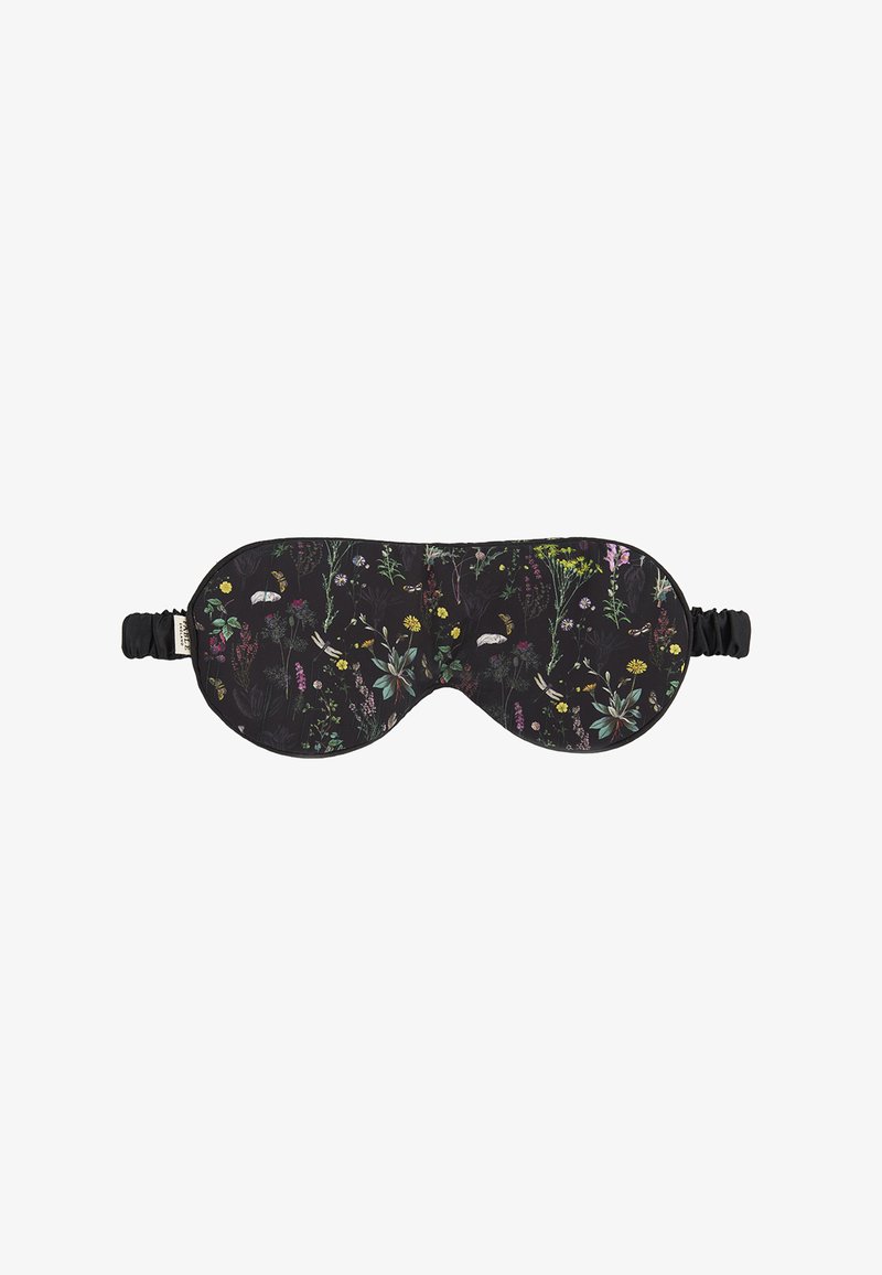 Sleep mask with a floral pattern in vibrant colors on a black background. Soft fabric, contoured shape, and adjustable elastic band.