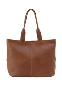 Hnědá kožená taška na rameno s dvěma pevnými držadly, která má hladký povrch, geometrické švy a prostorný obdélníkový tvar.