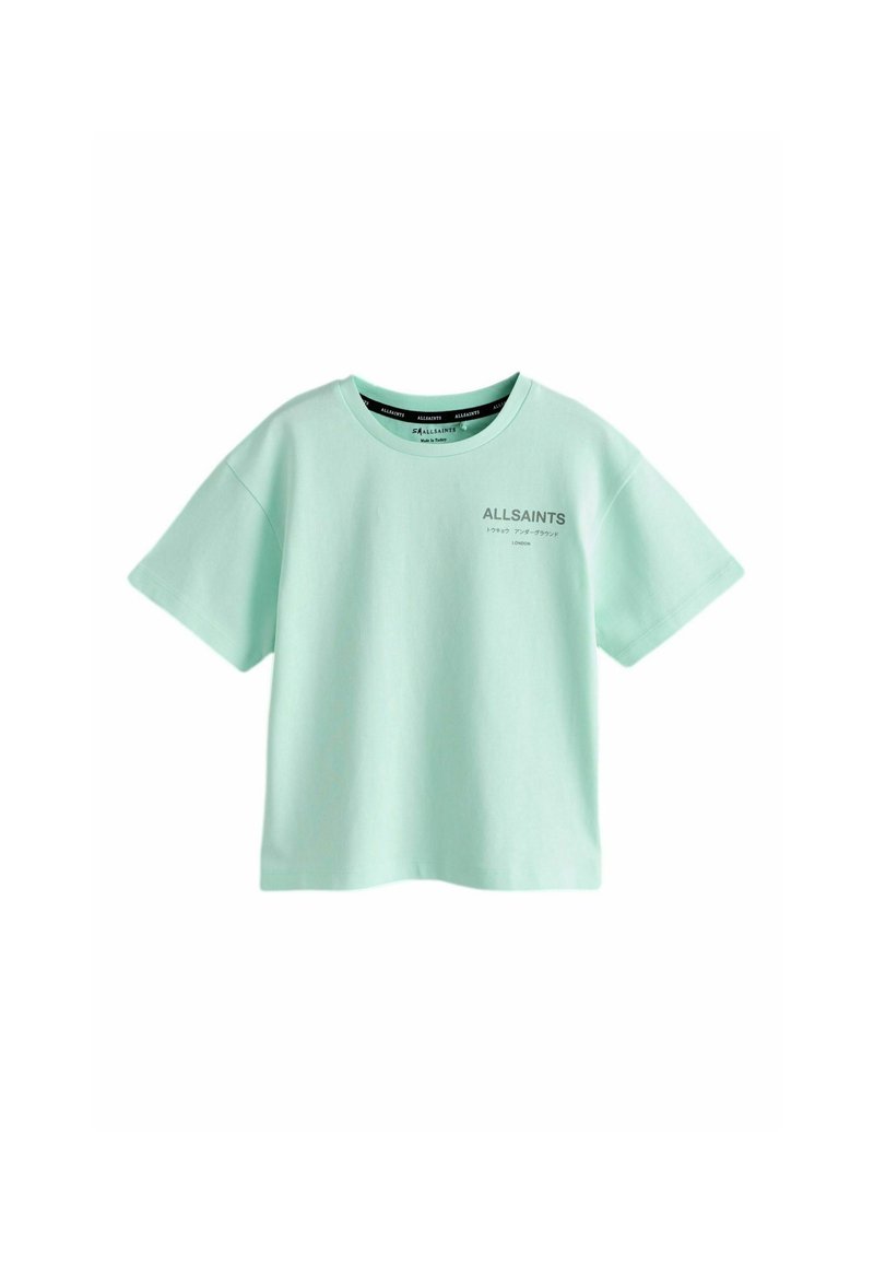 Mintgrøn T-shirt med korte ærmer i bomuld, med rund hals og lille trykt logo foran, afslappet pasform.