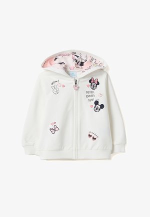 Witte hoodie met rits en een roze gemêleerde binnenkant van de capuchon. Voorzien van geborduurde ontwerpen van harten, vlinders en tekenfilmfiguren aan de voorkant.