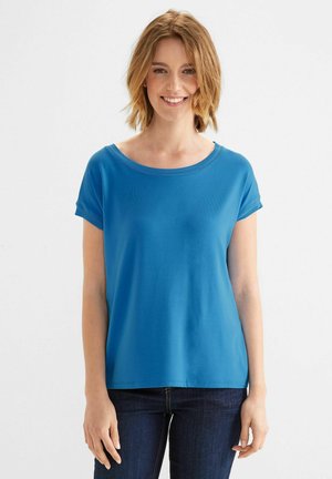 T-shirt a maniche corte e collo tondo in tessuto blu brillante, con una texture liscia e una vestibilità comoda. Nessun motivo o accentuazione visibile.