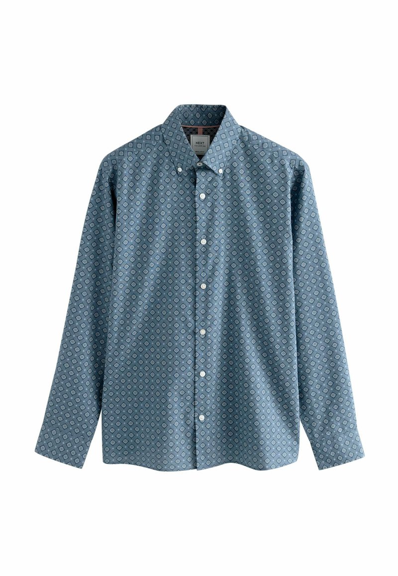 Button-Up-Hemd in Hellblau mit geometrischem Rautenmuster, langen Ärmeln und spitzem Kragen. Hergestellt aus einem Stoff mit glatter Textur.