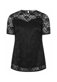 Top in pizzo nero con maniche corte, scollatura rotonda, motivi floreali e chiusura a goccia sul retro. Finitura texturizzata con orlo a scallop.