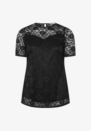 Schwarzes Spitzenoberteil mit kurzen Ärmeln, rundem Ausschnitt, floralen Mustern und einer Schlüssel.Einclosure am Rücken. Strukturiertes Finish mit gewelltem Saum.