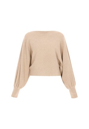 Beige cropped sweater met brede, lange mouwen. Gemaakt van een textuur gebreide stof met subtiele horizontale strepen. Rond decolleté.