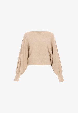 Beiger, kurz geschnittener Pullover mit weiten, langen Ärmeln. Hergestellt aus strukturiertem Strickstoff, der dezente horizontale Streifen aufweist. Rundhalsausschnitt.