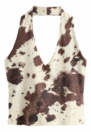 Brown and cream halter top featuring a deep V-neck, cow print pattern, smooth fabric texture, and open back design.