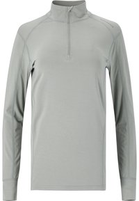 Helles graues Langarm-Pullover mit einem Viertelreißverschluss-Kragen. Verfügt über Flachnähte und eine weiche Textur. Leicht taillierte Passform für uneingeschränkte Bewegungsfreiheit.