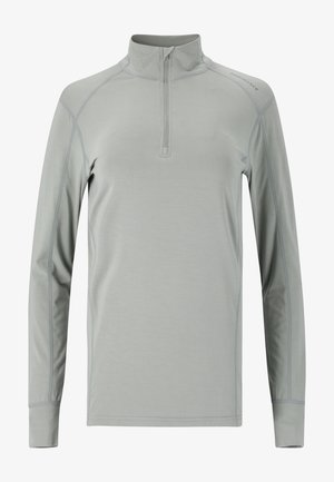 Helles graues Langarm-Pullover mit einem Viertelreißverschluss-Kragen. Verfügt über Flachnähte und eine weiche Textur. Leicht taillierte Passform für uneingeschränkte Bewegungsfreiheit.