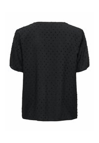 Svart kortärmad blus med texturerad prickmönster, rundad hals och lös passform. Tyget verkar lätt och mjukt.