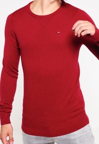 Pull en tricot rouge à manches longues, col rond, avec des bords côtelés aux poignets et à l'ourlet. Présente un petit logo sur la poitrine. Texture lisse.