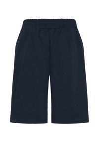Shorts bleu marine foncé à taille élastique avec une coupe ample, longueur mi-cuisse, et poches sur les coutures latérales, présentés sur un fond blanc.
