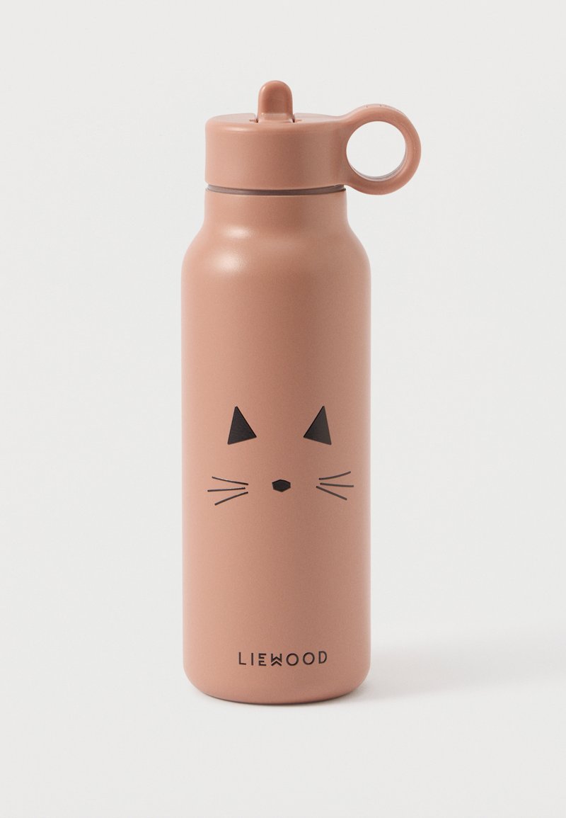 Ανοξείδωτο μπουκάλι νερού, ματ ροζ ρουζ, με σχέδιο προσώπου γάτας σε μαύρο χρώμα. Περιλαμβάνει καπάκι με βίδες και πλευρική λαβή για μεταφορά.