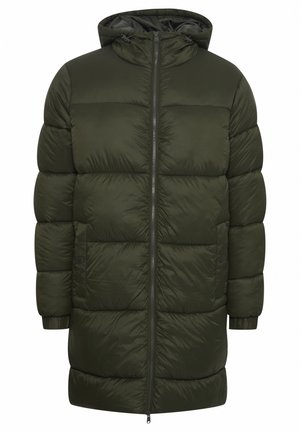 Olivengrøn puffjakke med hætte, quiltet design, fuldlængde lynlås og sidelommer. Materialet ser glat og letvægts ud.