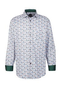 Camicia bianca a maniche lunghe con motivo floreale in blu, marrone e verde. I polsini e il colletto verdi mettono in risalto il design. Chiusura frontale con bottoni.