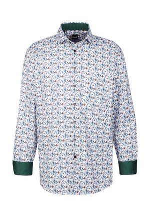 Camicia bianca a maniche lunghe con motivo floreale in blu, marrone e verde. I polsini e il colletto verdi mettono in risalto il design. Chiusura frontale con bottoni.