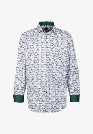 Camicia bianca a maniche lunghe con motivo floreale in blu, marrone e verde. I polsini e il colletto verdi mettono in risalto il design. Chiusura frontale con bottoni.