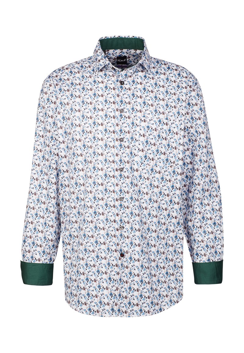Camicia bianca a maniche lunghe con motivo floreale in blu, marrone e verde. I polsini e il colletto verdi mettono in risalto il design. Chiusura frontale con bottoni.