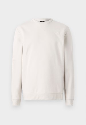 Világosszürke pulóver puha anyagból, kerek nyakkivágással, hosszú ujjal és diszkrét elöl található logóval. Sima textúra és laza szabás.