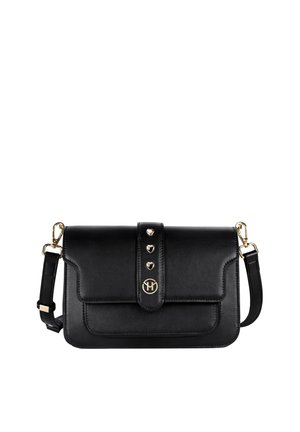 Černá kožená kabelka přes rameno se zlatými hroty ve tvaru srdce a zlatým kulatým logem na přední klopě, odnímatelný popruh se zlatými sponami.