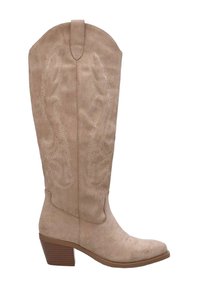 Botte de cow-boy en suède beige avec un bout pointu, un talon bloc de hauteur intermédiaire et des coutures décoratives le long de la tige.
