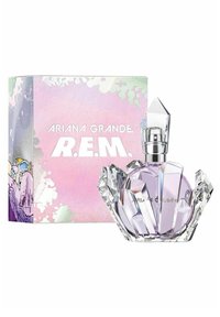 Lila glasparfymflaska med en kristalliknande design, toppad med ett genomskinligt lock, bredvid en pastellfärgad låda med texten "R.E.M.".