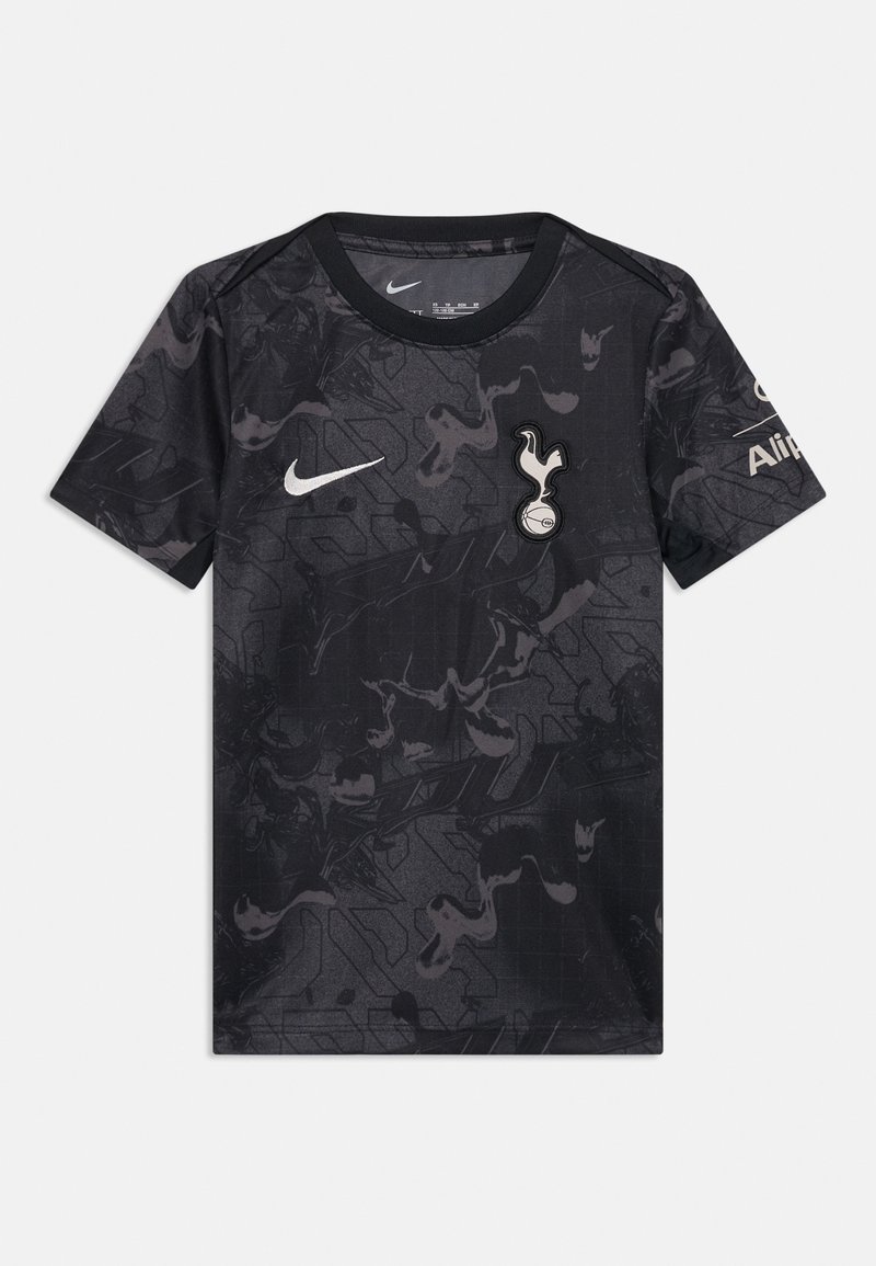 Svart kortermet Nike-trøye med et tonalt abstrakt mønster, med en hvit logo og et lagmerke på venstre bryst.