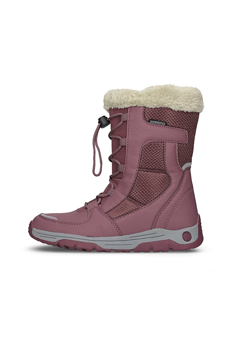 Voděodolné kotníkové boty v prachově růžové barvě s texturovanou tkaninou, umělou kožešinou uvnitř a gumovou podešví. Obsahuje design s šněrováním a prodyšné síťové panely.