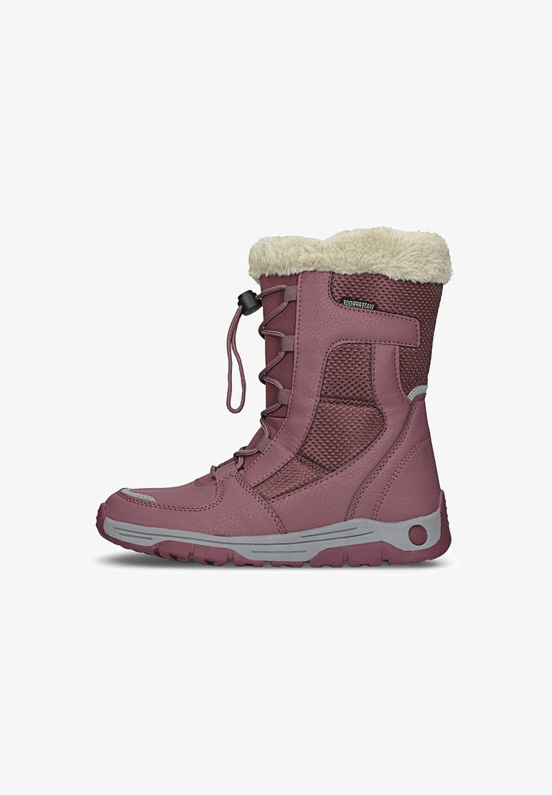 Voděodolné kotníkové boty v prachově růžové barvě s texturovanou tkaninou, umělou kožešinou uvnitř a gumovou podešví. Obsahuje design s šněrováním a prodyšné síťové panely.