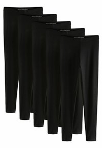 Vijf paren zwarte, volledige leggings gemaakt van een zachte, rekbare stof met een elastische tailleband en zonder zichtbare patronen of hardware.