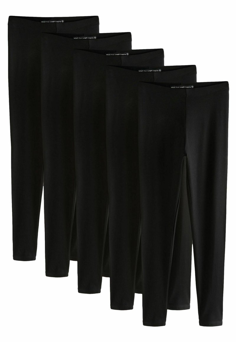 Vijf paren zwarte, volledige leggings gemaakt van een zachte, rekbare stof met een elastische tailleband en zonder zichtbare patronen of hardware.