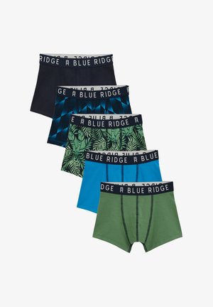 Piecas vīriešu bokseršortu pāri: tumši zils, tirkīzzils, ģeometrisks raksts, lapu raksts un zaļš. Mīksts kokvilnas materiāls, elastīga josta ar "BLUE RIDGE" logotipu.