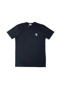 T-shirt nera in cotone con maniche corte, scollatura rotonda e un piccolo logo bianco all'altezza del petto sinistro. Tessuto morbido, vestibilità classica.