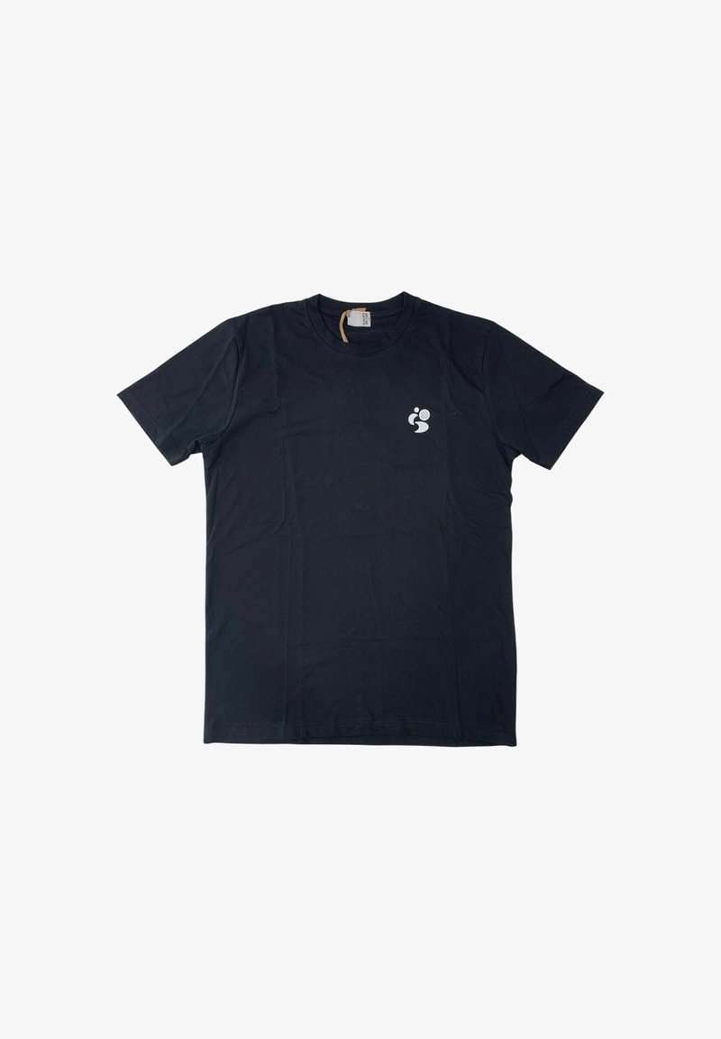 T-shirt nera in cotone con maniche corte, scollatura rotonda e un piccolo logo bianco all'altezza del petto sinistro. Tessuto morbido, vestibilità classica.