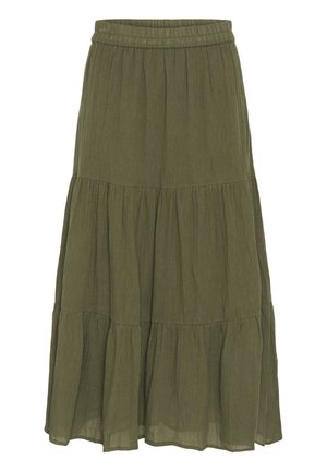 Maxirock in Olivgrün mit Stufen, elastischem Bund und gerafften Stoffbahnen für eine fließende Silhouette.