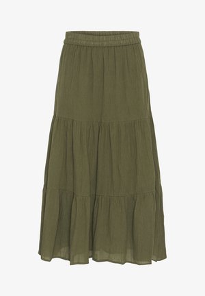 Maxirock in Olivgrün mit Stufen, elastischem Bund und gerafften Stoffbahnen für eine fließende Silhouette.