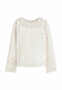 Haut à manches longues blanc avec un motif floral et des accents roses. Tissu doux avec un col rond et une coupe droite. Aucune fermeture visible.