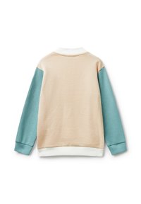 Maglione a girocollo con corpo beige, maniche lunghe blu e colletto e orlo bianchi a coste, mostrato di spalle su uno sfondo bianco.