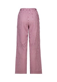 Red and white striped wide-leg trousers with an elastic waistband and additional side pockets; smooth, lightweight fabric.