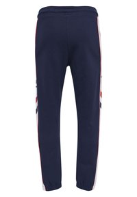 Marineblaue Sweatpants mit elastischem Bund und Bündchen, mit seitlichen Streifen in Rot und Weiß, aus weichem, atmungsaktivem Material.