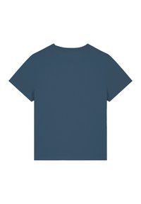 T-shirt à manches courtes bleu marine avec un col rond. Texture lisse et design simple, sans motifs ni graphiques visibles. Vue de dos montrée.