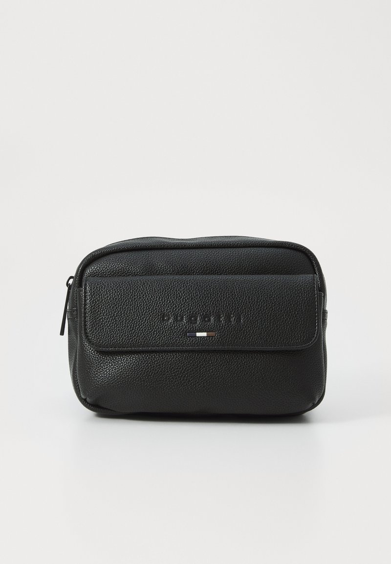 Pouch de toaletă din piele texturată neagră, cu închidere cu zip, o pocket frontală plată și logo embosat cu dungi colorate.