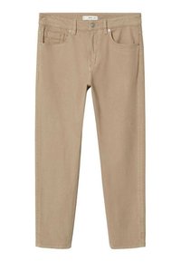 Beige Baumwollhosen mit geradem Schnitt, Five-Pocket-Design und Metallknopfverschluss. Glatte Textur, minimale Nähte.