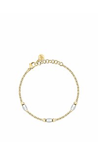 Bracciale con catena in oro che presenta perline ovali alternate in oro e argento, un gancio a molla e un piccolo charm a forma di foglia nella chiusura.