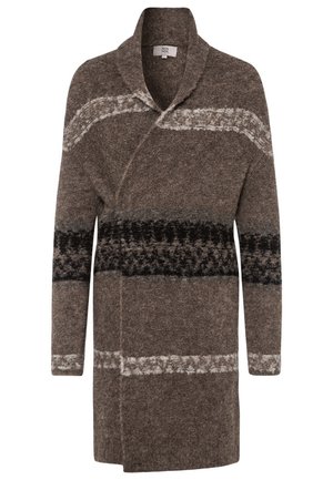 Cardigan long marron en tricot avec col châle et rayures horizontales noires et gris clair sur la poitrine, les manches et près de l'ourlet.