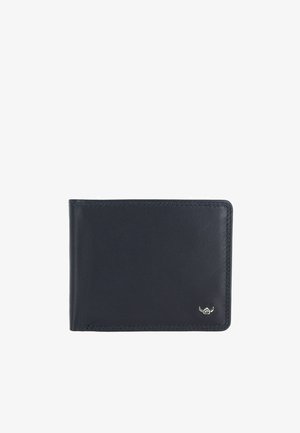 Portefeuille en cuir noir plié avec couture visible et un petit emblème argenté dans le coin inférieur droit sur fond blanc.