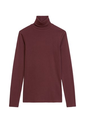 Burgundy turtleneck sweater made from soft, stretchy fabric; features long sleeves and a high, rolled collar for added warmth.