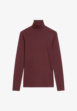 Burgundy turtleneck sweater made from soft, stretchy fabric; features long sleeves and a high, rolled collar for added warmth.